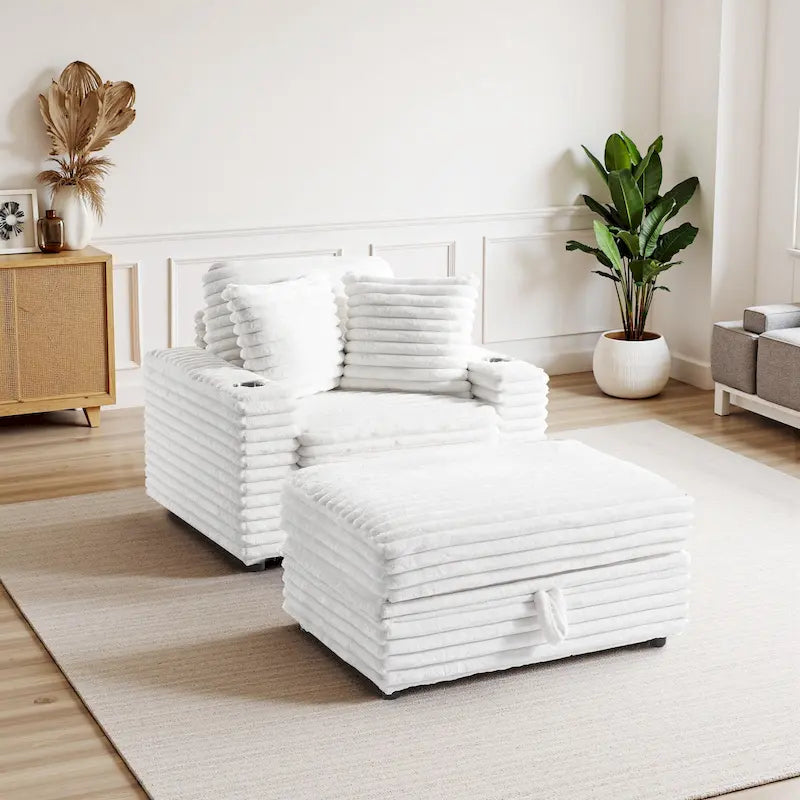 Chauffeuse en flanelle de coton surdimensionnée avec pouf de rangement