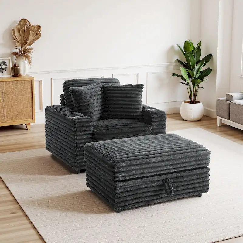 Chauffeuse en flanelle de coton surdimensionnée avec pouf de rangement
