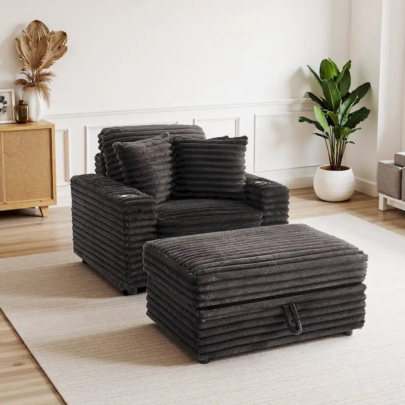 Oversized Cotton Flannel Chaise Longue with Storage Ottoman