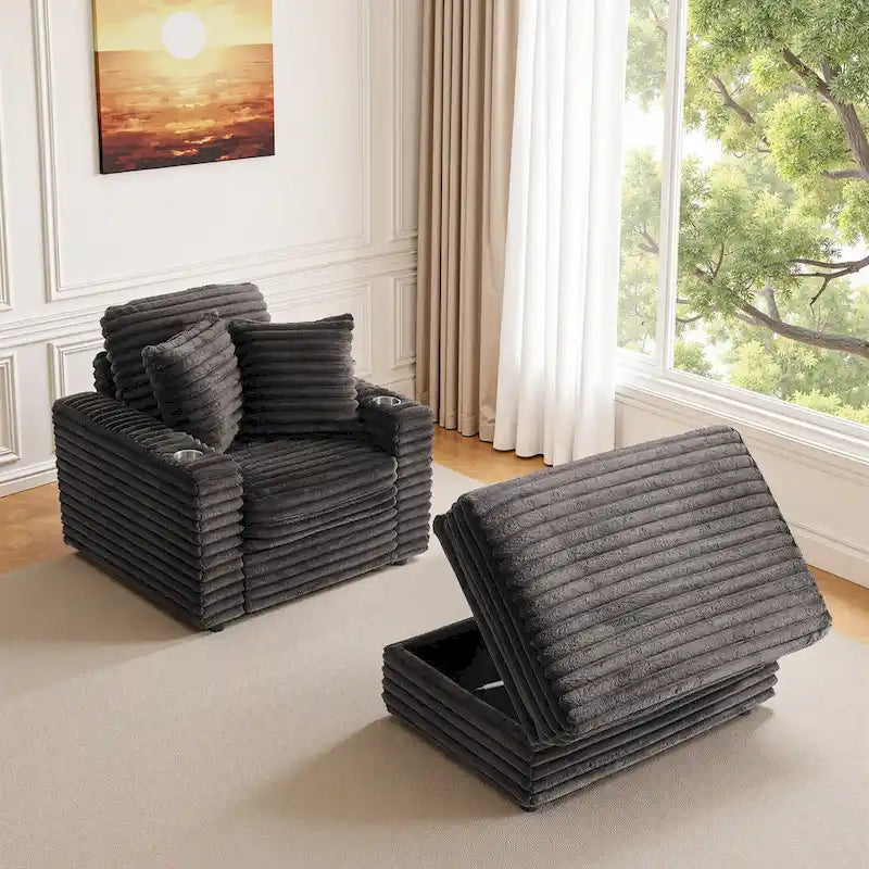 Chauffeuse en flanelle de coton surdimensionnée avec pouf de rangement