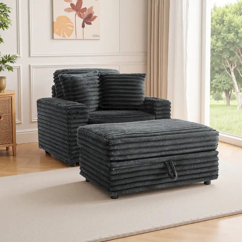 Chauffeuse en flanelle de coton surdimensionnée avec pouf de rangement