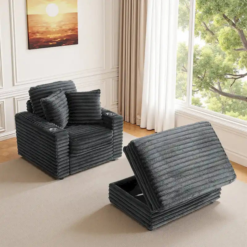Chauffeuse en flanelle de coton surdimensionnée avec pouf de rangement