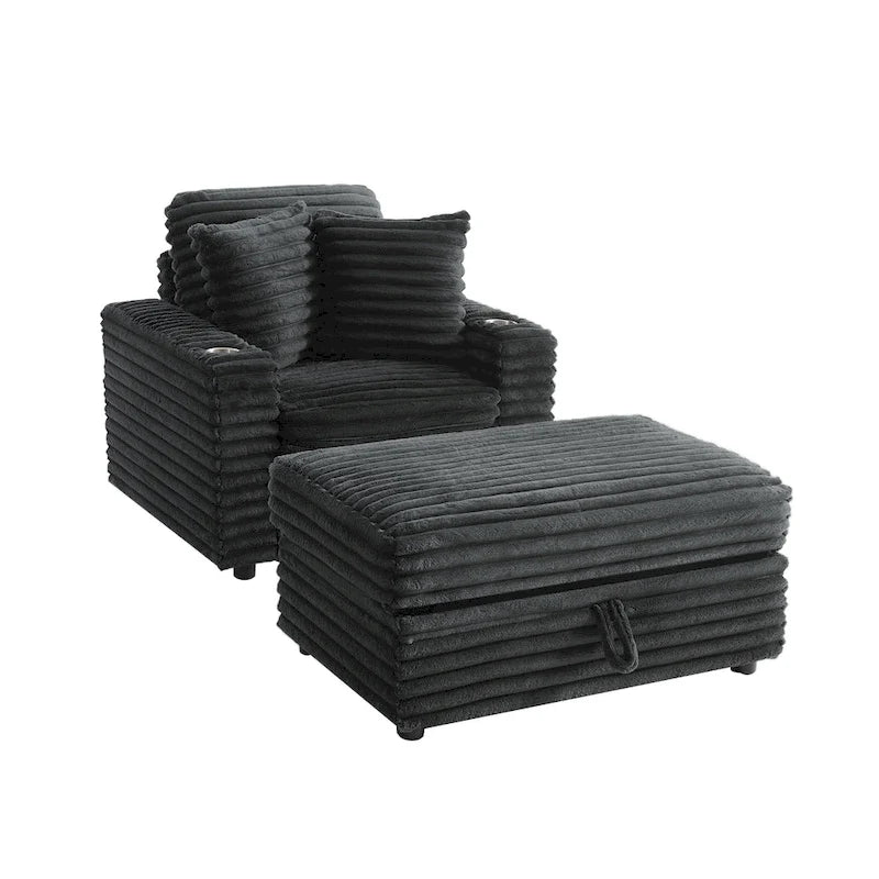 Chauffeuse en flanelle de coton surdimensionnée avec pouf de rangement