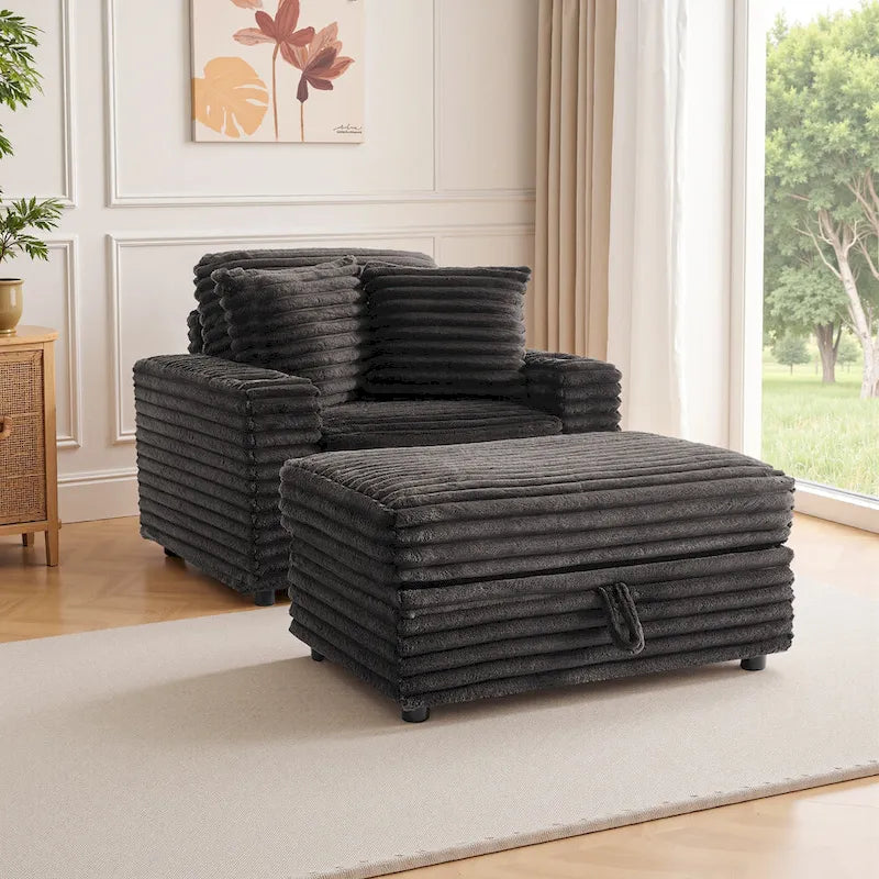 Chauffeuse en flanelle de coton surdimensionnée avec pouf de rangement