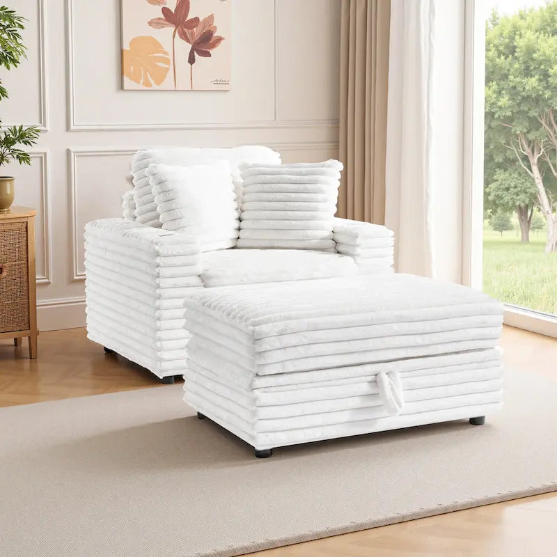 Chauffeuse en flanelle de coton surdimensionnée avec pouf de rangement