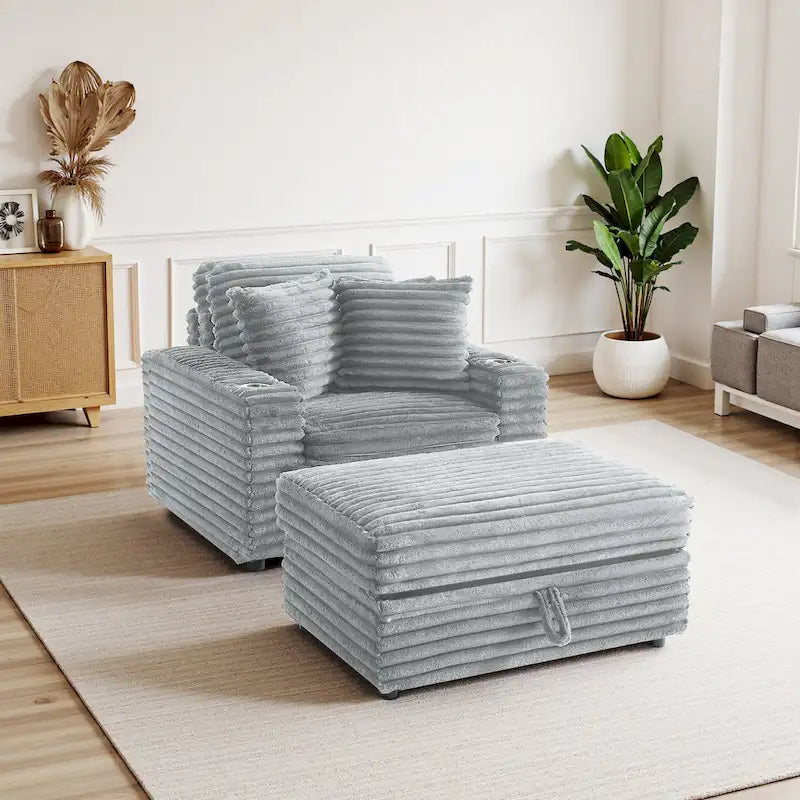 Chauffeuse en flanelle de coton surdimensionnée avec pouf de rangement