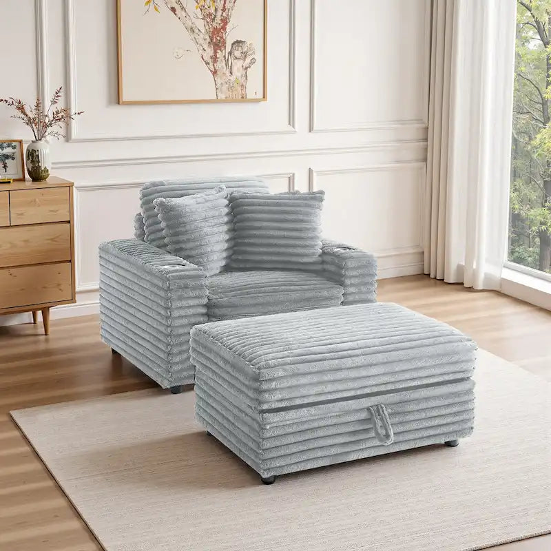 Chauffeuse en flanelle de coton surdimensionnée avec pouf de rangement