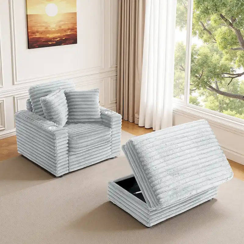 Chauffeuse en flanelle de coton surdimensionnée avec pouf de rangement