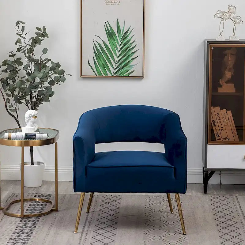 Fauteuil d'appoint moderne en velours avec dossier ajouré et pieds en métal