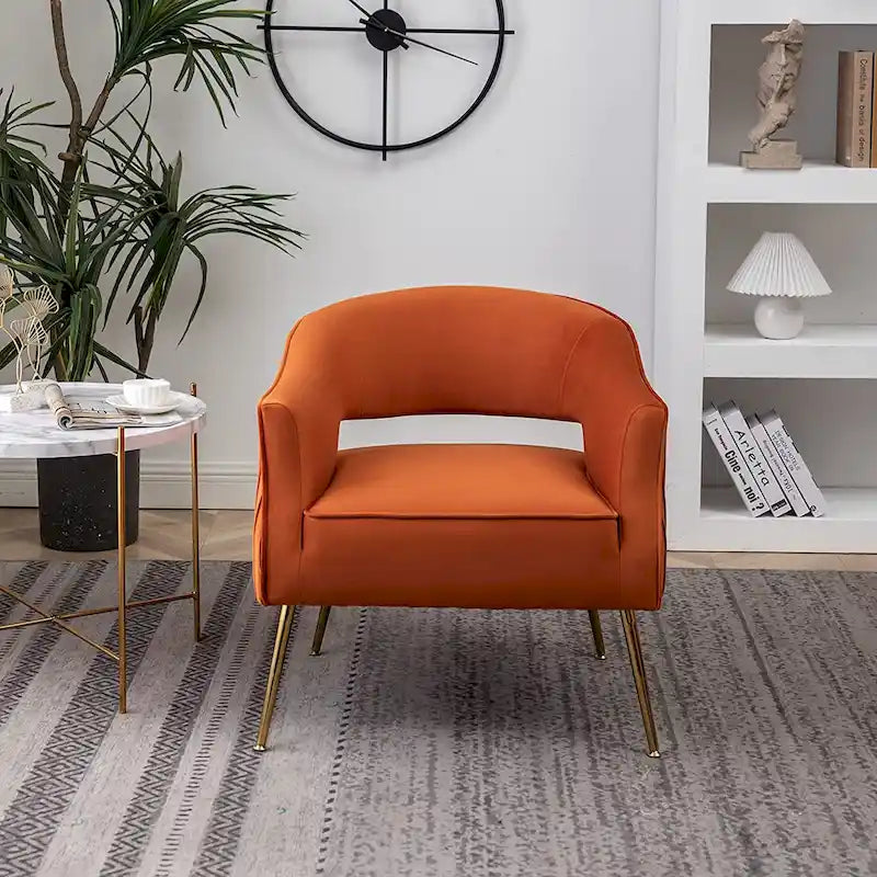 Fauteuil d'appoint moderne en velours avec dossier ajouré et pieds en métal