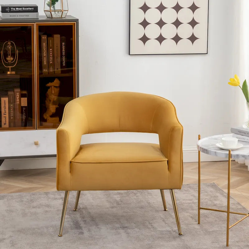 Fauteuil d'appoint moderne en velours avec dossier ajouré et pieds en métal