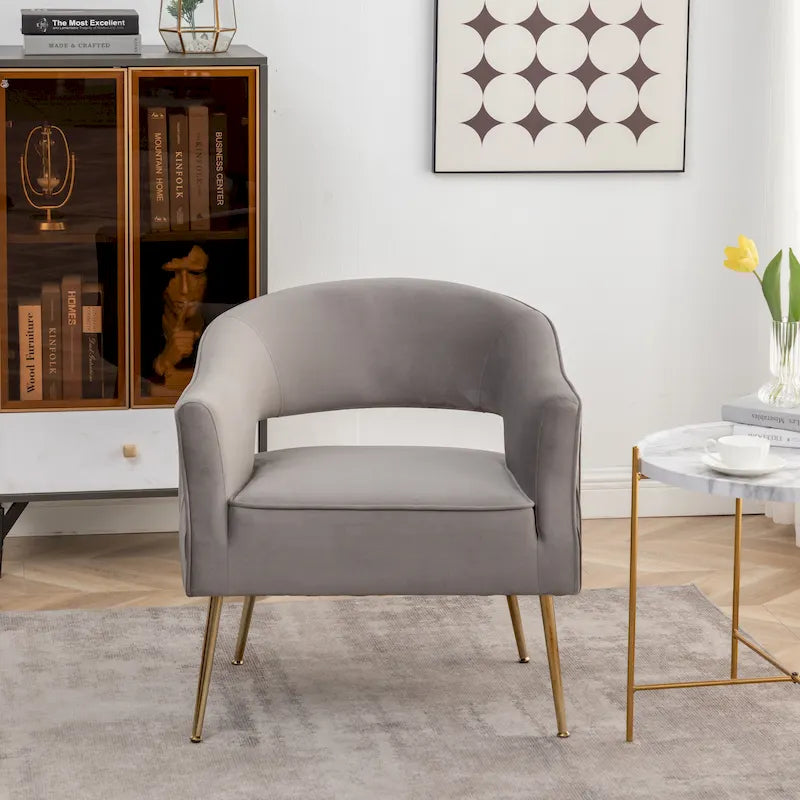 Fauteuil d'appoint moderne en velours avec dossier ajouré et pieds en métal