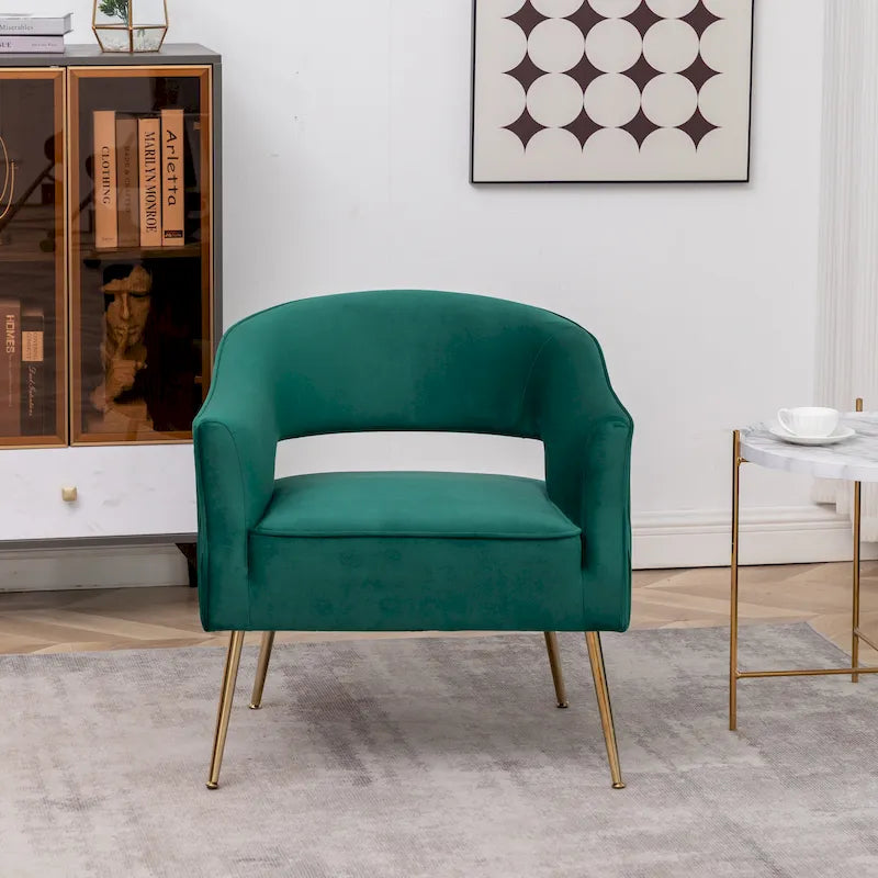 Fauteuil d'appoint moderne en velours avec dossier ajouré et pieds en métal
