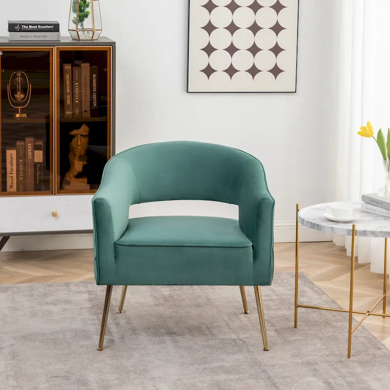 Fauteuil d'appoint moderne en velours avec dossier ajouré et pieds en métal