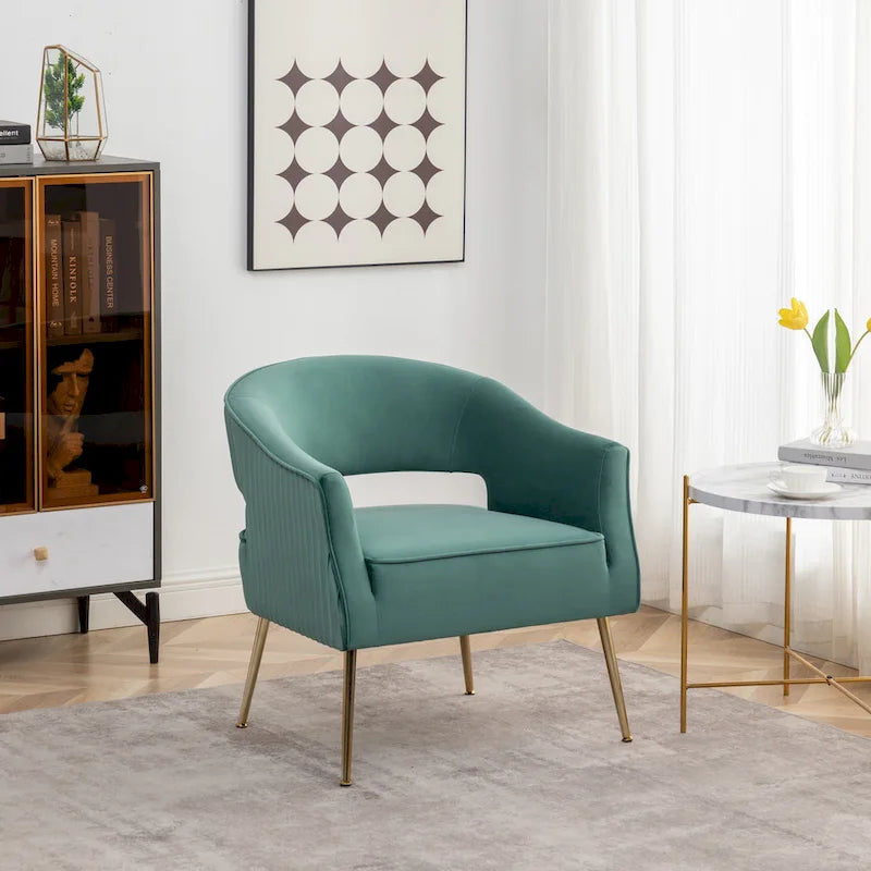 Fauteuil d'appoint moderne en velours avec dossier ajouré et pieds en métal