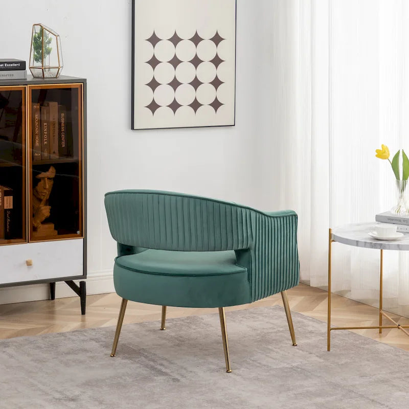 Fauteuil d'appoint moderne en velours avec dossier ajouré et pieds en métal