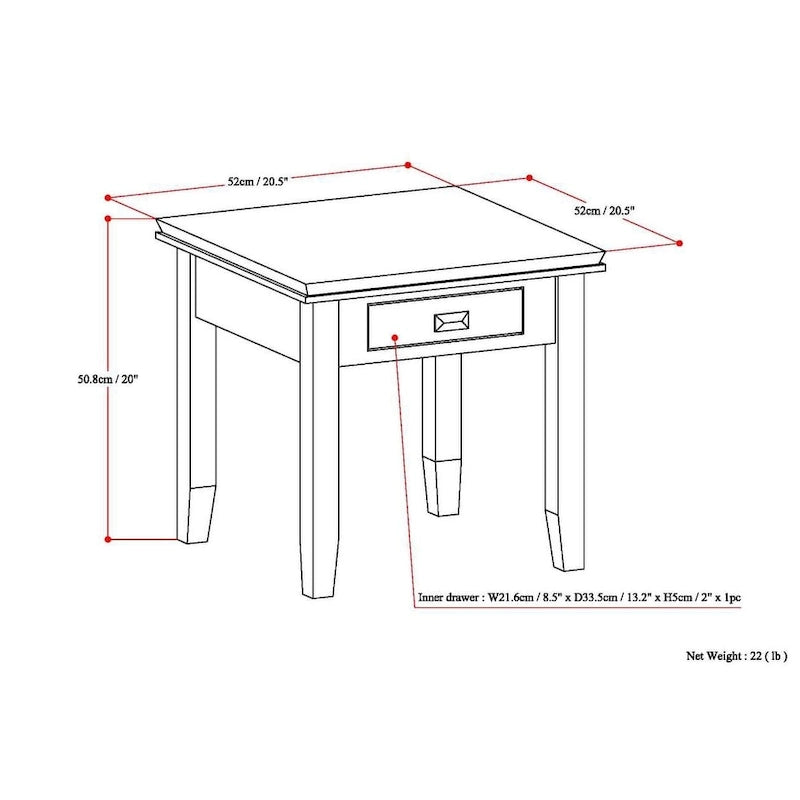 Table d'appoint transitoire carrée en bois massif de 21 pouces