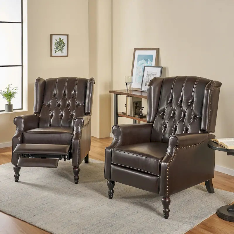 Ensemble fauteuil inclinable classique en cuir reconstitué capitonné (2 pièces) avec bordure cloutée