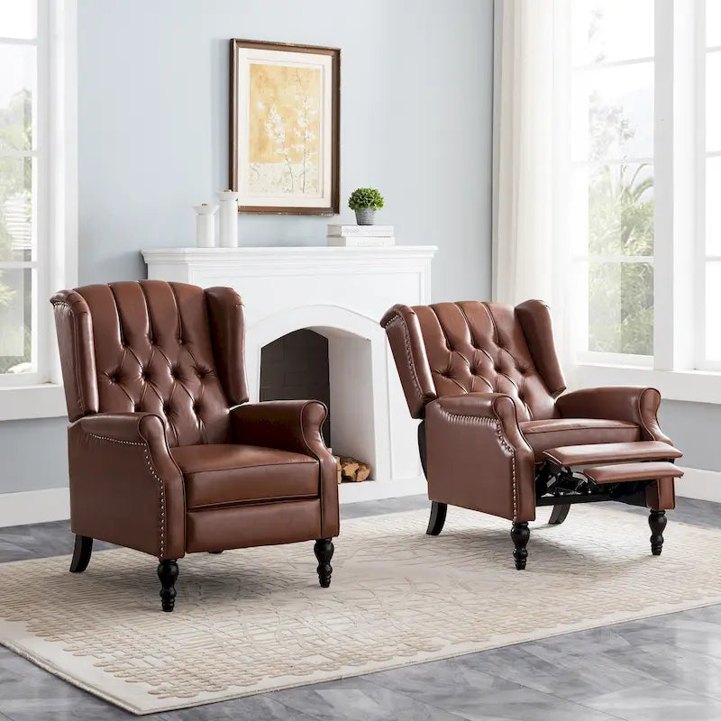 Ensemble fauteuil inclinable classique en cuir reconstitué capitonné (2 pièces) avec bordure cloutée