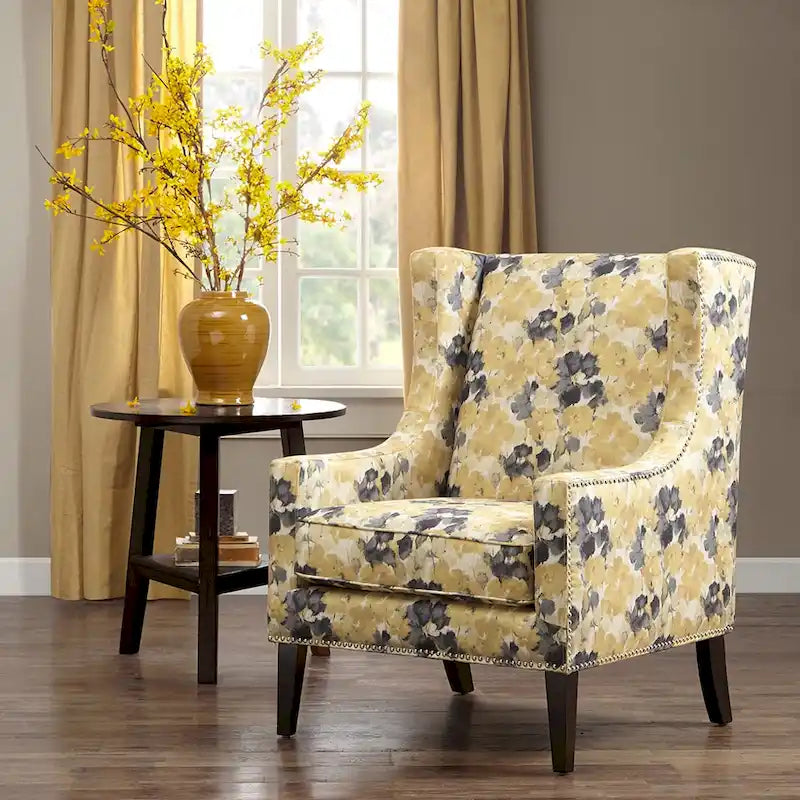 Madison Park Weston Yellow Floral Pattern Wingback Chair