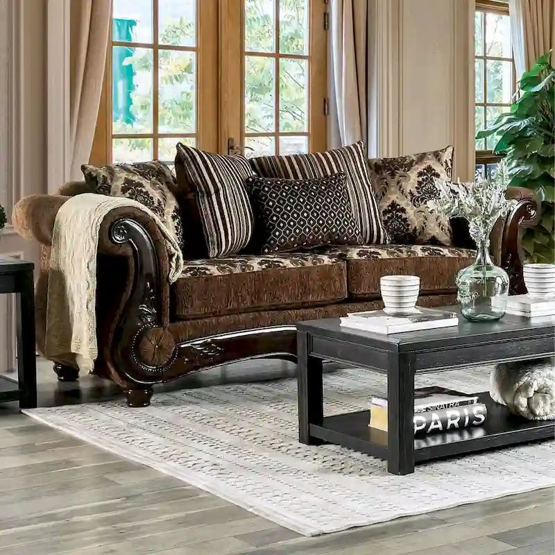 Pora Traditional Brown Chenille Upholstered Rolled Arms Sofa by Furniture of America