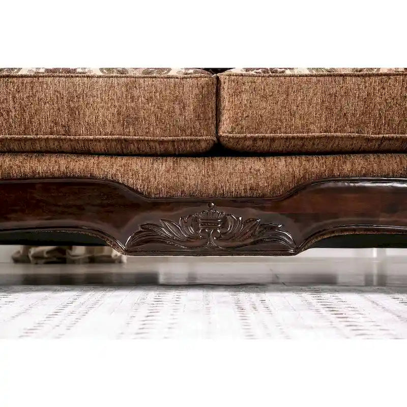 Canapé traditionnel en chenille marron avec accoudoirs arrondis