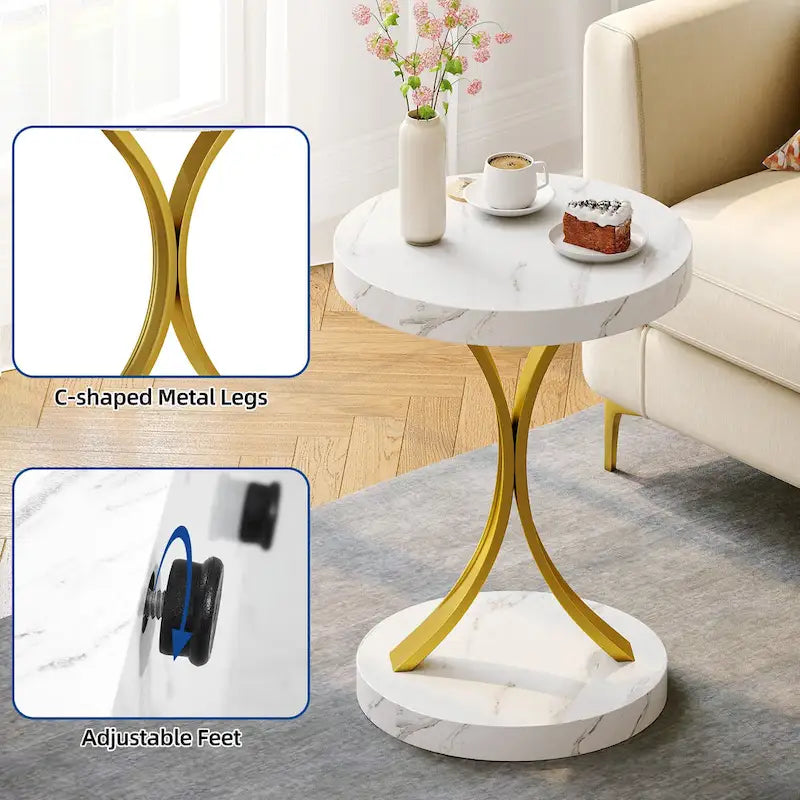 Table d'appoint ronde avec plateau aspect marbre et piètement en C doré