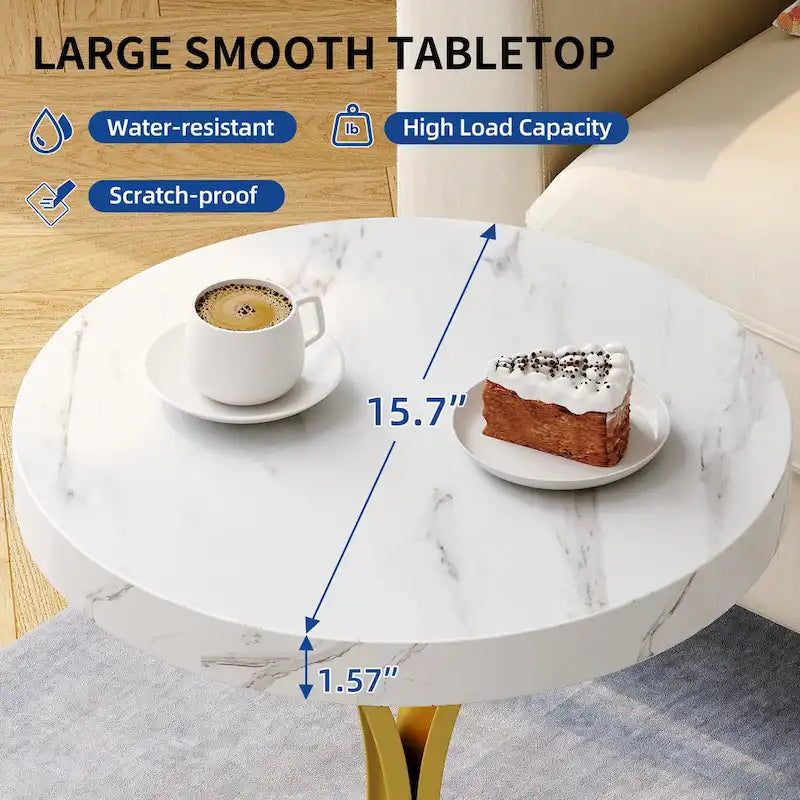 Table d'appoint ronde avec plateau aspect marbre et piètement en C doré