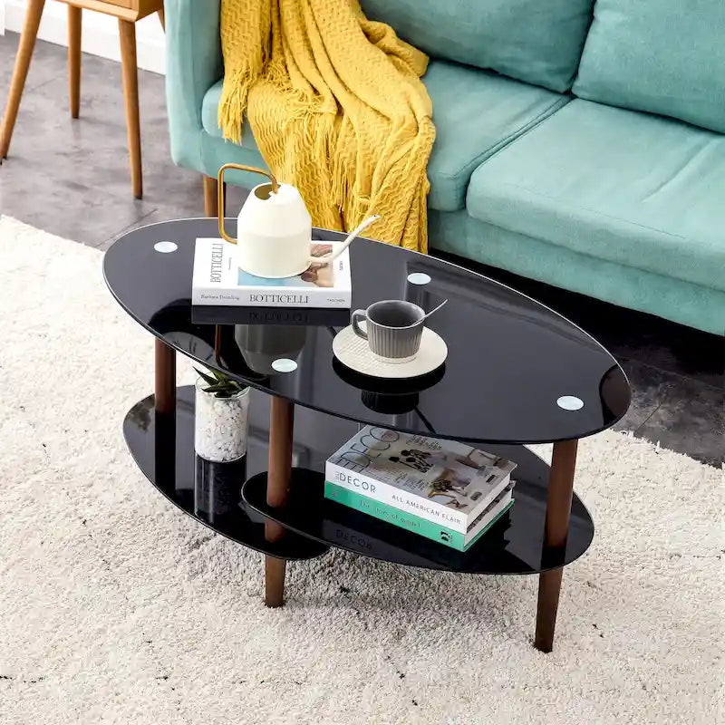 Table basse ovale en verre avec pieds en bois de chêne