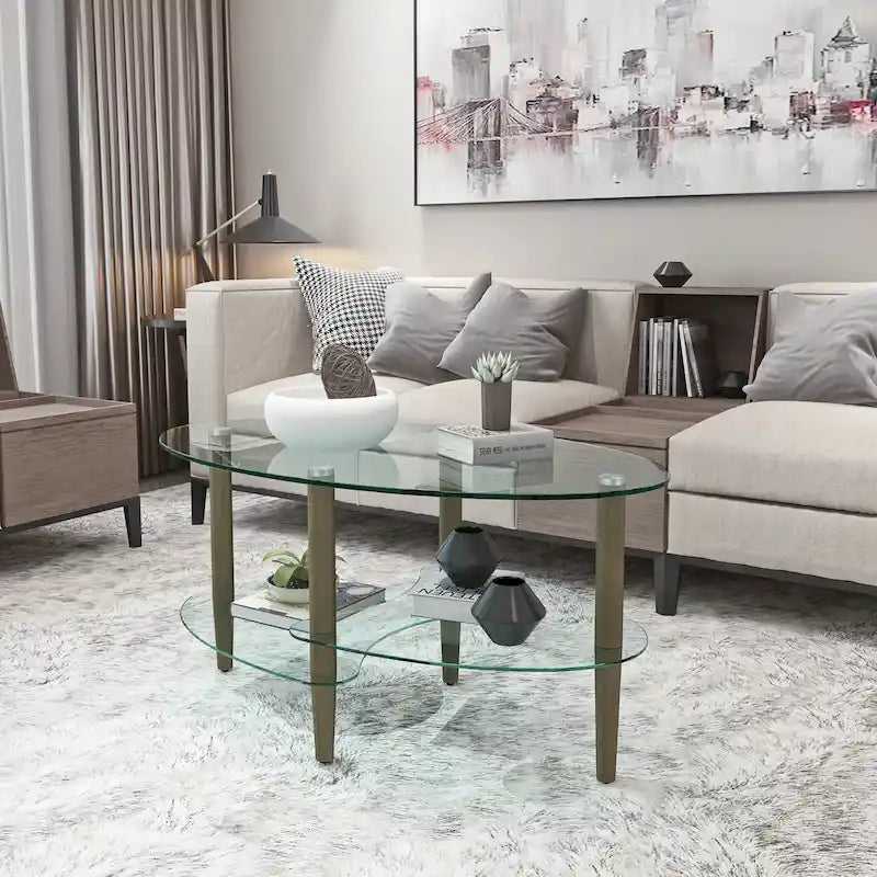 Table basse ovale en verre avec pieds en bois de chêne