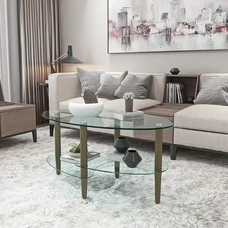 Table basse ovale en verre avec pieds en bois de chêne