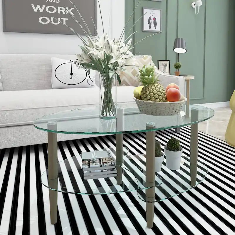 Table basse ovale en verre avec pieds en bois de chêne