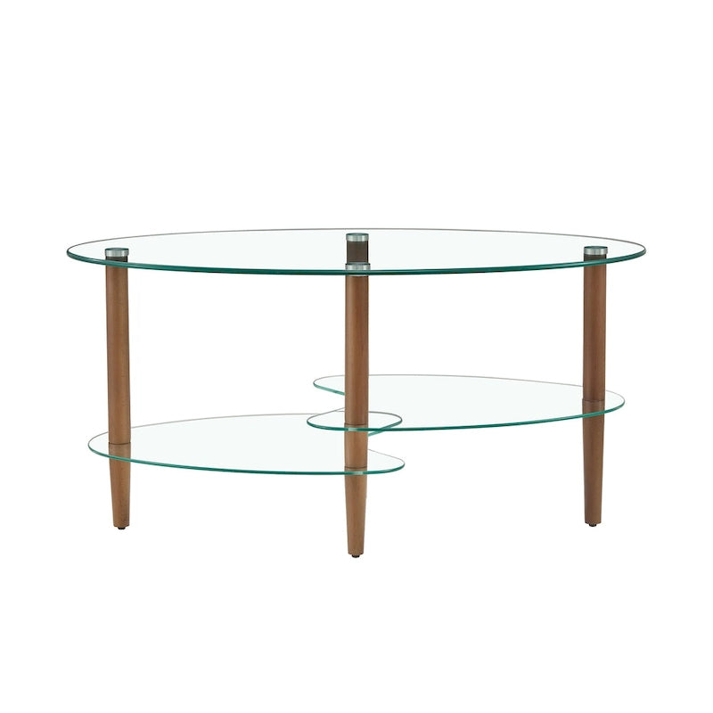 Table basse ovale en verre avec pieds en bois de chêne