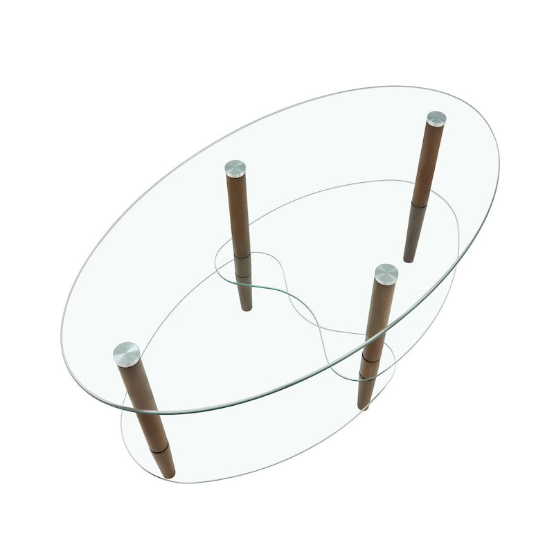 Table basse ovale en verre avec pieds en bois de chêne