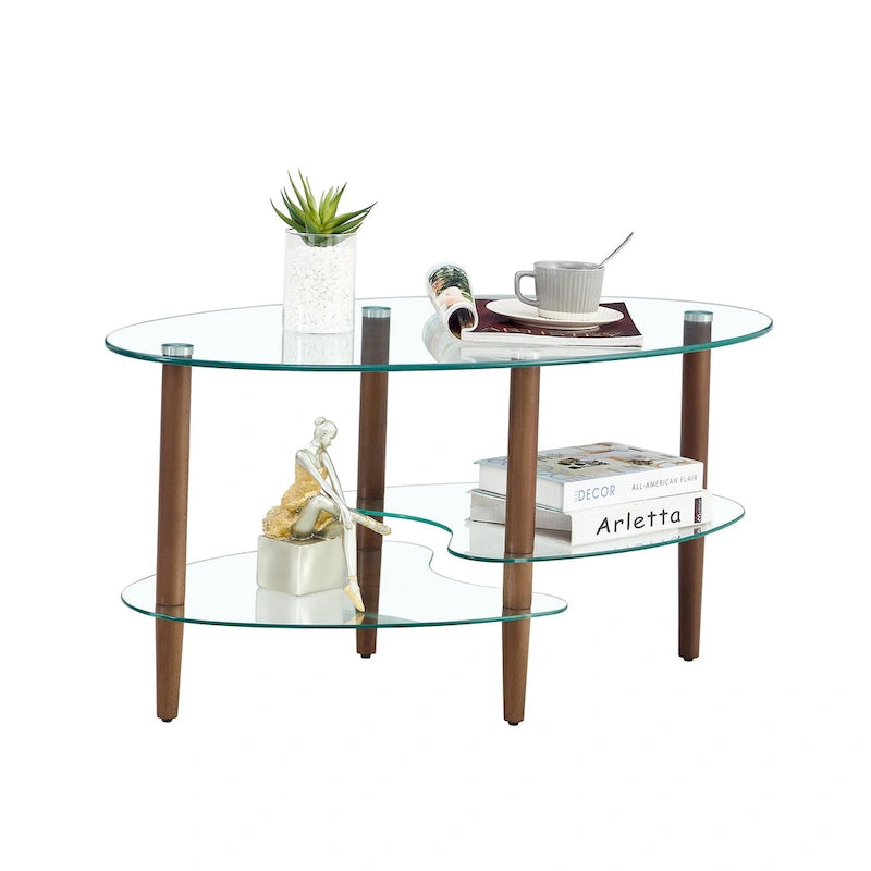 Table basse ovale en verre avec pieds en bois de chêne