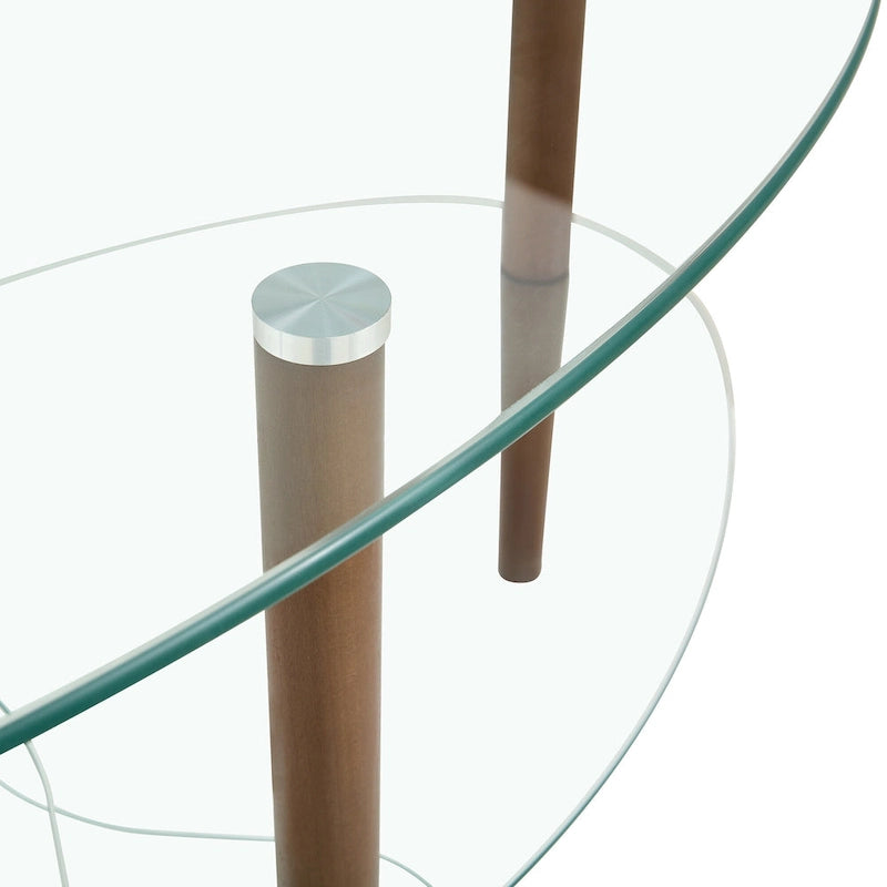 Table basse ovale en verre avec pieds en bois de chêne