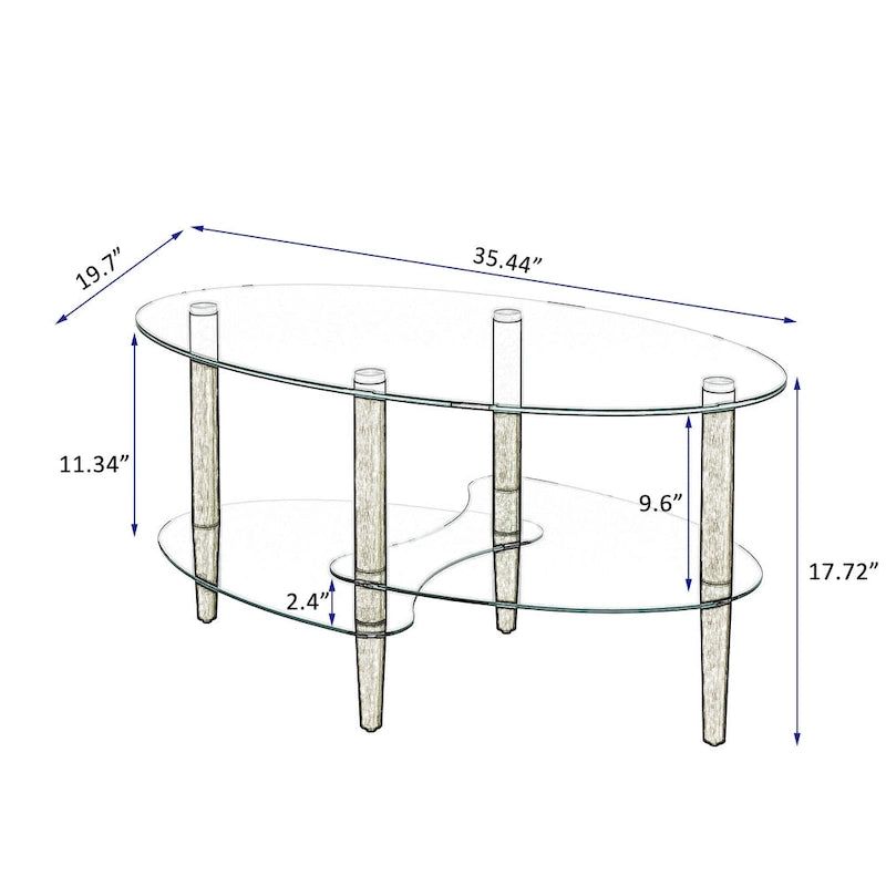 Table basse ovale en verre avec pieds en bois de chêne