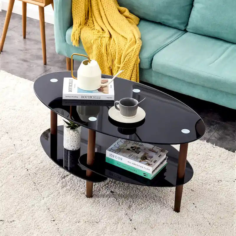 Table basse ovale en verre avec pieds en bois de chêne