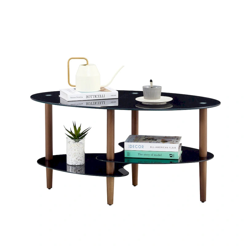 Table basse ovale en verre avec pieds en bois de chêne