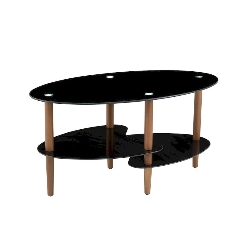 Table basse ovale en verre avec pieds en bois de chêne