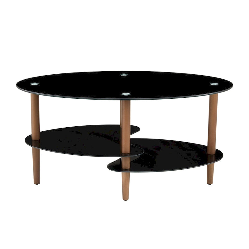 Table basse ovale en verre avec pieds en bois de chêne