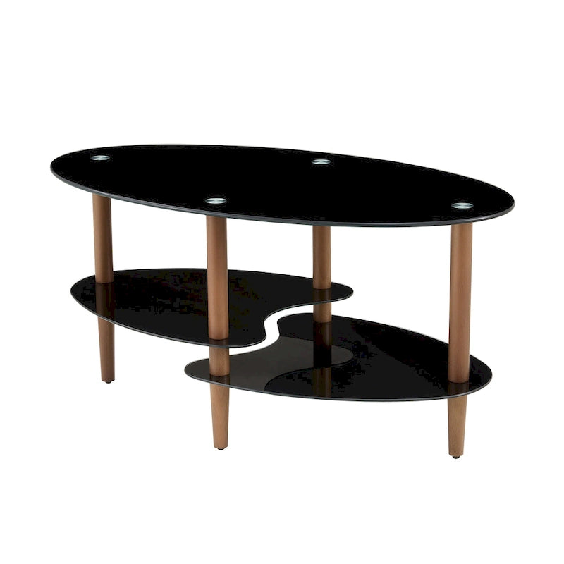 Table basse ovale en verre avec pieds en bois de chêne