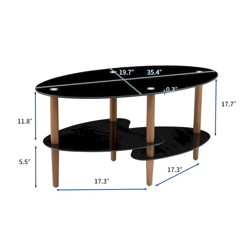 Table basse ovale en verre avec pieds en bois de chêne