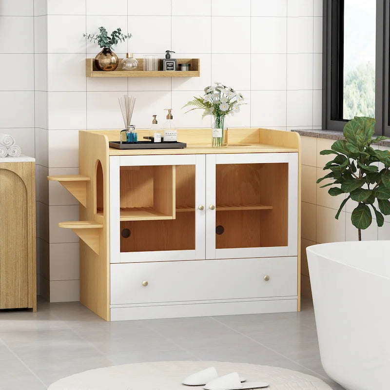 Meuble cache-litière pour chat avec étagère de rangement