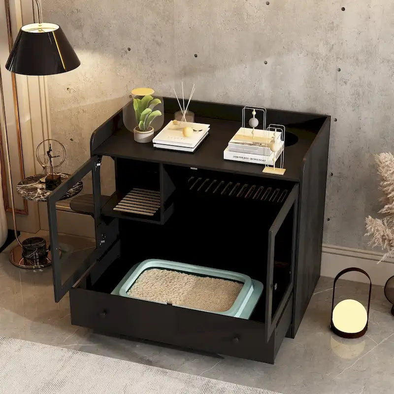 Meuble cache-litière pour chat avec étagère de rangement