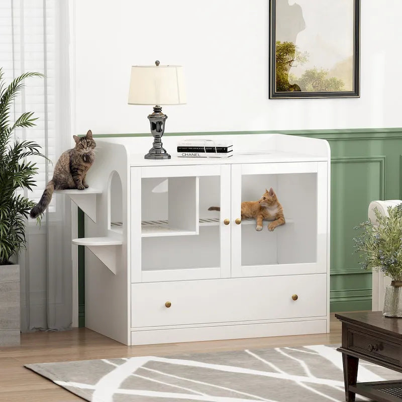 Meuble cache-litière pour chat avec étagère de rangement