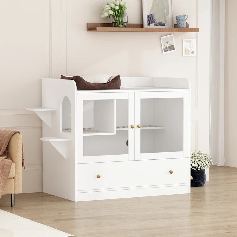 Meuble cache-litière pour chat avec étagère de rangement