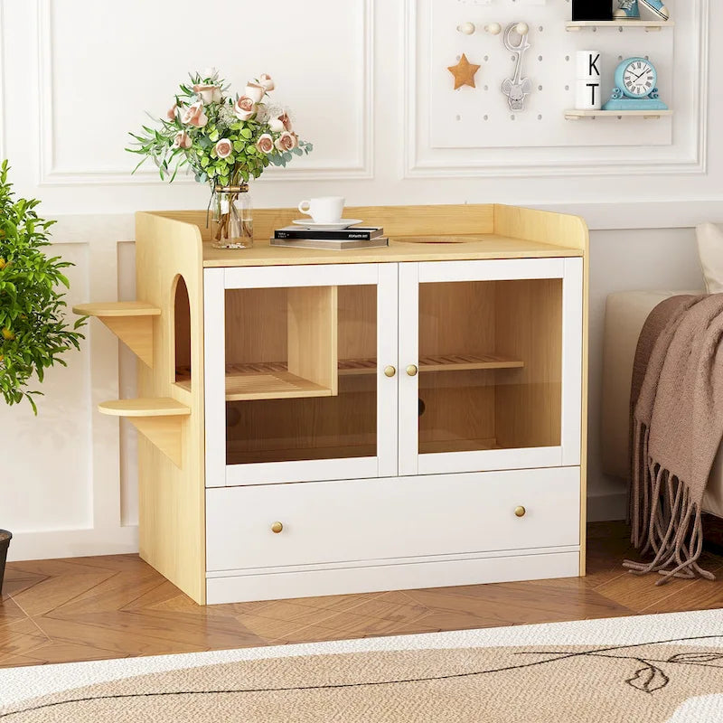 Meuble cache-litière pour chat avec étagère de rangement