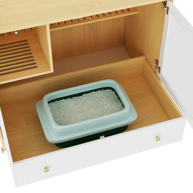 Meuble cache-litière pour chat avec étagère de rangement