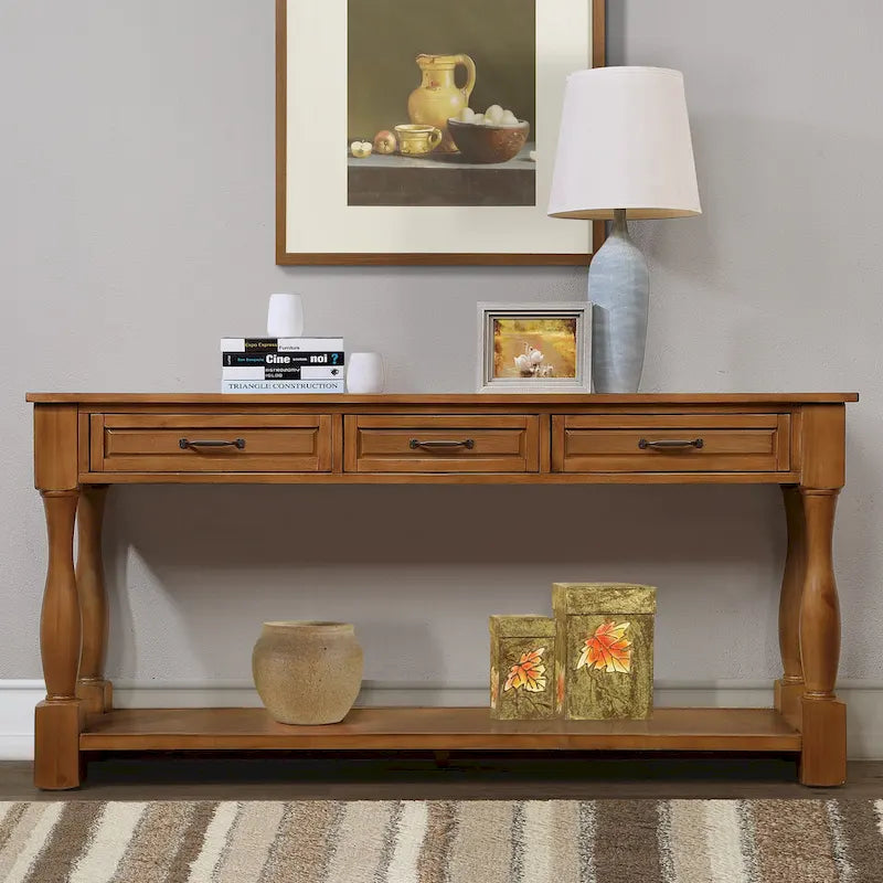 Console en bois de 63 po avec 3 tiroirs et une étagère inférieure